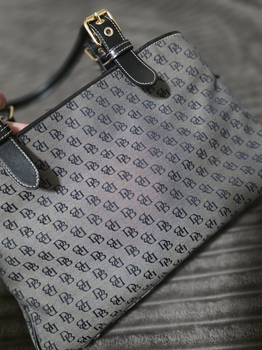 Monogram Pattern Canvas Tote Bag in Gray and Black